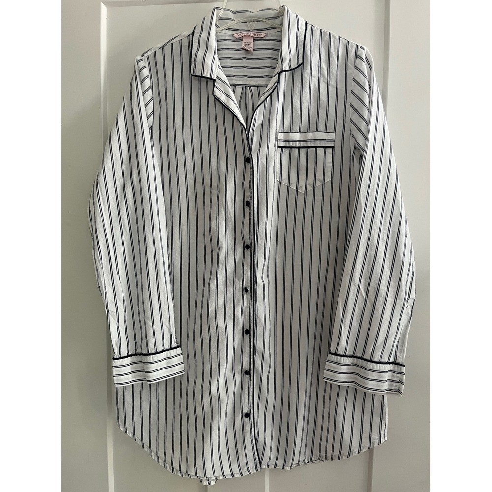 Victoria's Secret Cotton White Navy Blue Button Down‎ Nightshirt